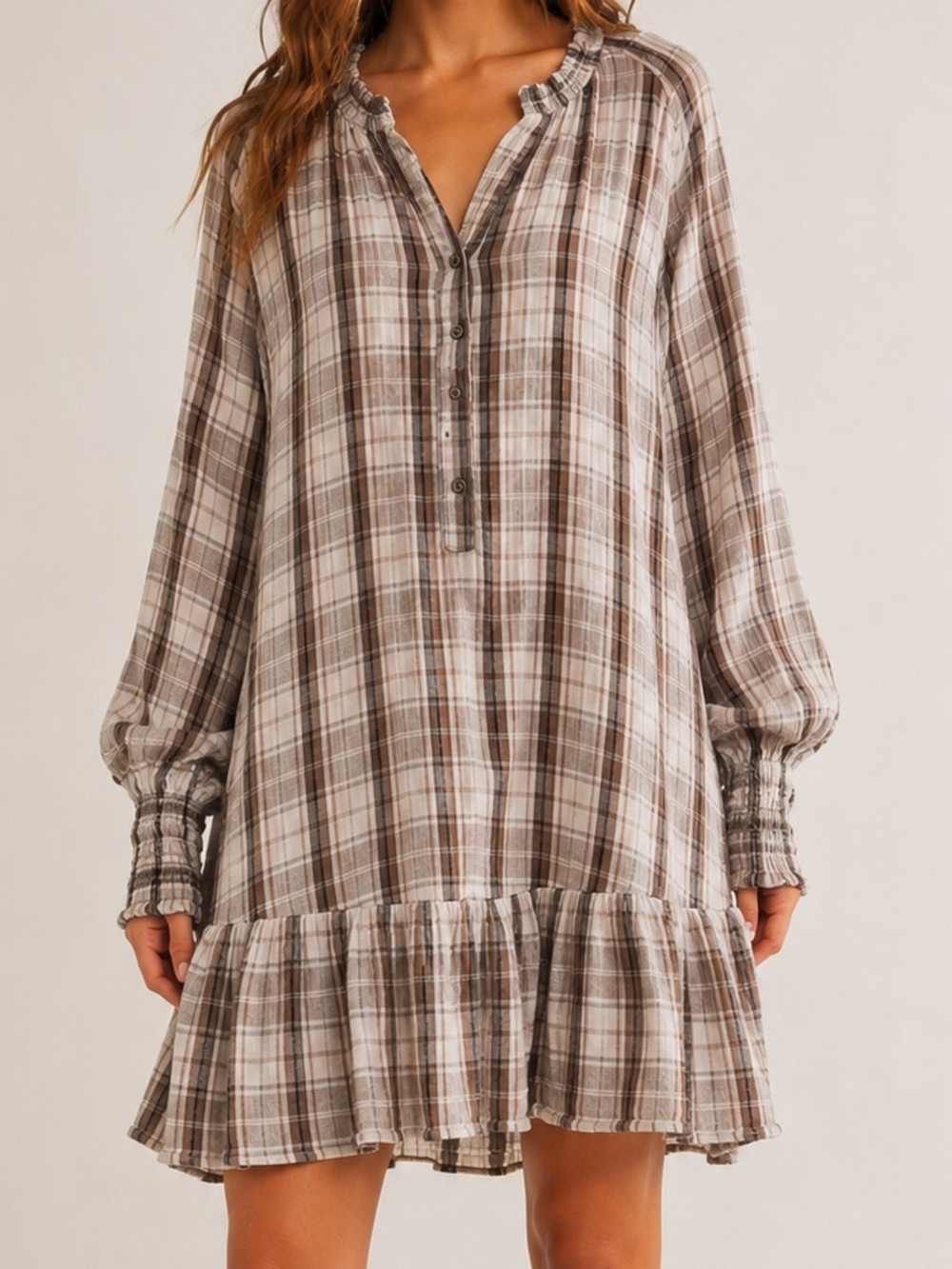 Free People Red Moon Plaid Tunic Dress Medium Boho Gauze Ruffle Hem Brown